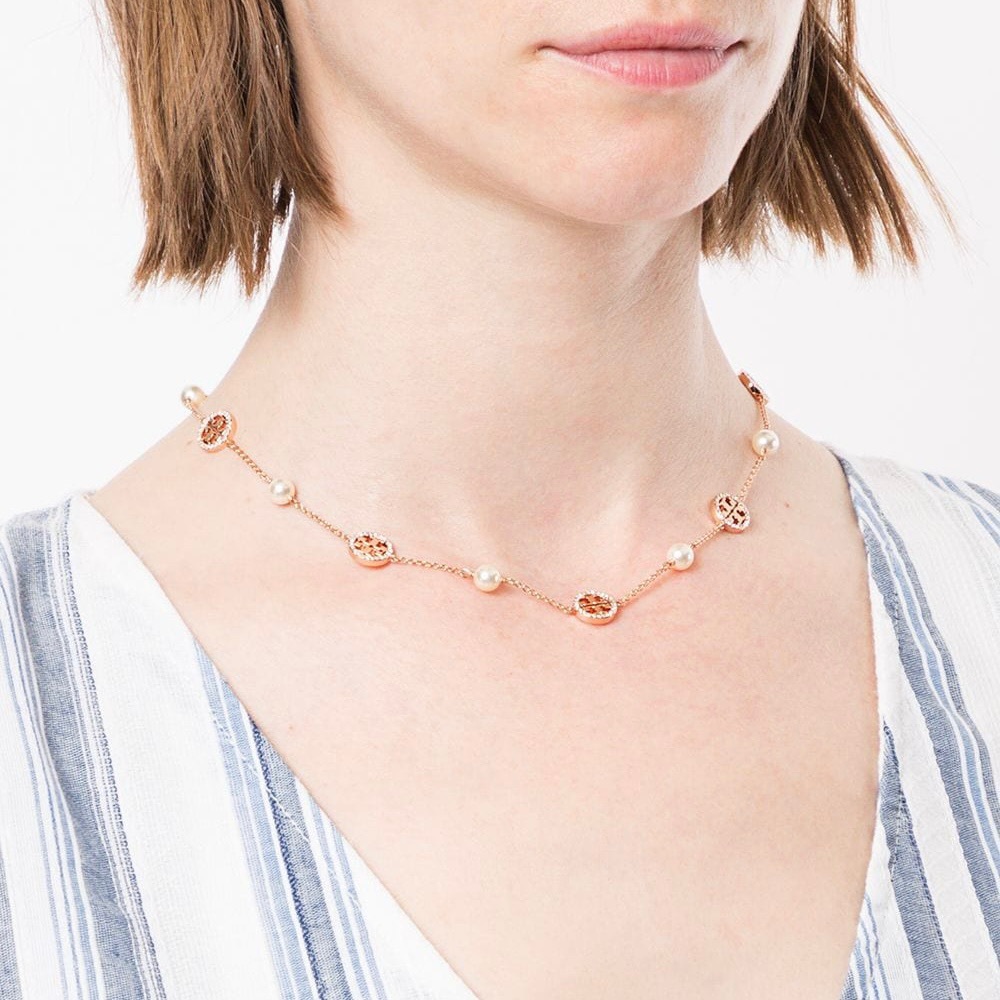 Tory Burch Multi-use Rose Gold Gemstone Pearl-Chain Necklace